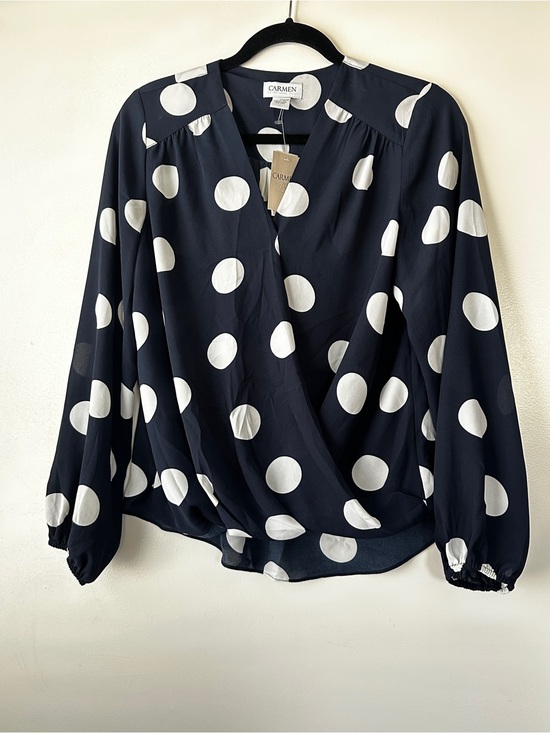 Carmen Marc Valvo Tops - Carmen Marc Valvo Navy and White Large Polka Dot Blouse